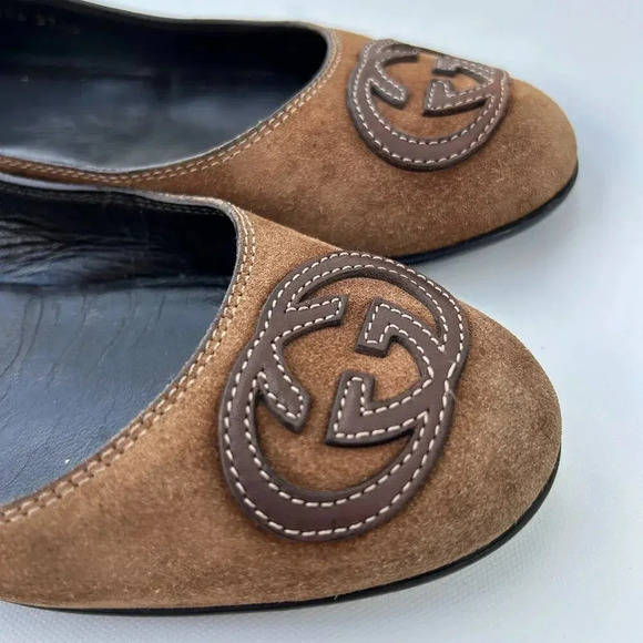 Gucci Interlocking GG Logo Ballet Flats Shoes Brown Suede Slip Ons 7.5 Size 37.5 - Picture 3 of 11